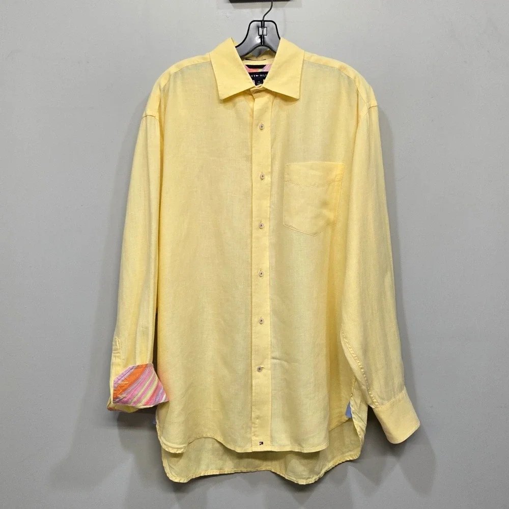 Vintage Y2K Tommy Hilfiger Button Down Shirt Medium Yellow Linen Contrast Cuff‎